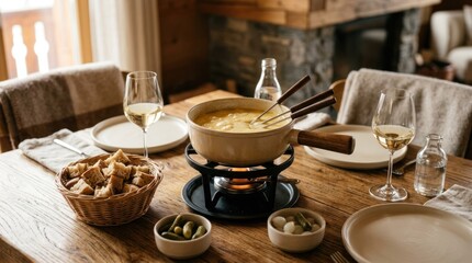 Fototapeta premium A cozy, rustic dining table setting with a bowl of fondue and wine glasses, surrounded by rustic wooden furniture and a fireplace in the background.
