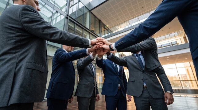Corporate team stacking hands together in unity gesture inside modern glass office building, low angle shot emphasizing solidarity, partnership, motivation, leadership