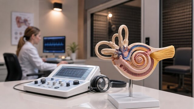Medical specialist examining detailed inner ear anatomy with diagnostic ultrasound equipment