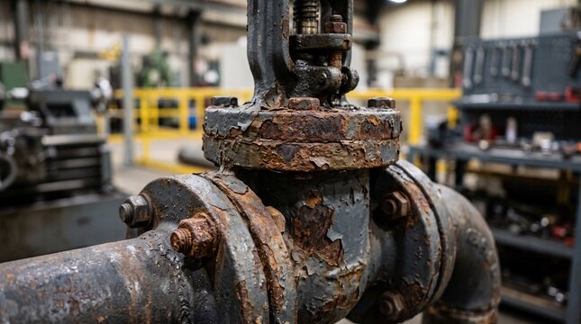 Rusty industrial pipe valve in a machine shop environment.