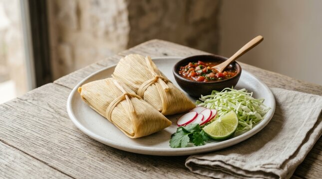 Two tamale wraps on a plate with a side of lime and cilantro, garnished with sliced radishes and shredded cabbage, placed on a rustic wooden table with a beige napkin and a window in the background.