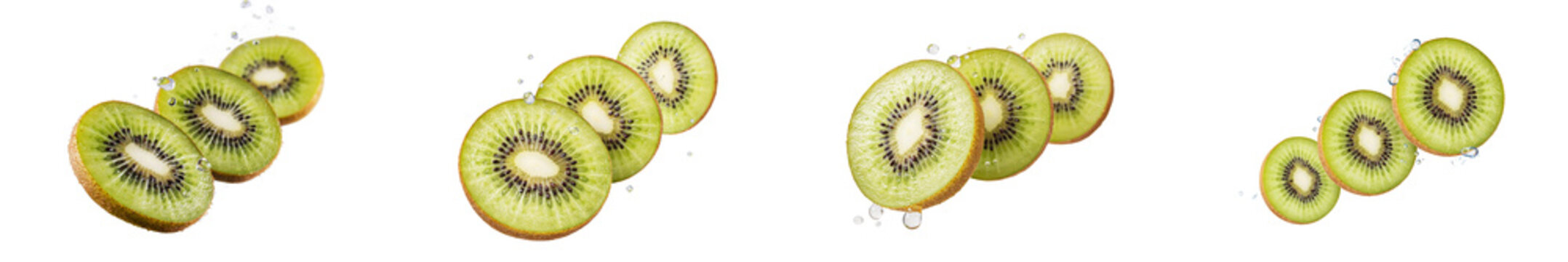 Fresh kiwi slices with water splash isolated on transparent background