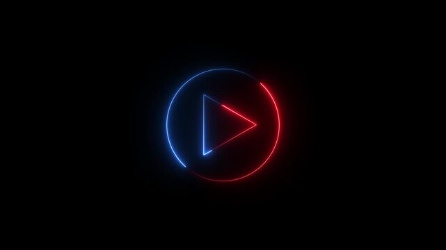 Neon glowing Play button animation on black background. Play button icon neon animation. Music play button icon animation.4k loop motion video.
