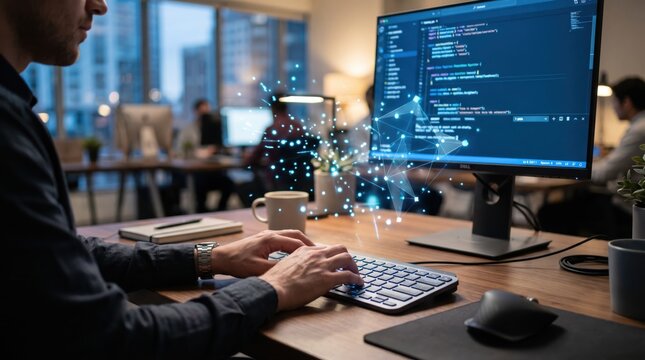 Software developer typing code on keyboard with holographic network structure floating above monitor, cybersecurity and data encryption in modern tech office environment with city