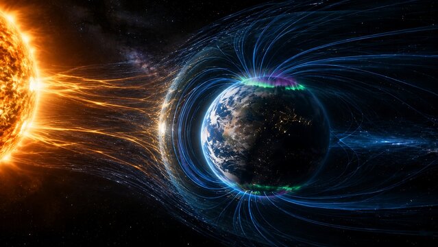 Earth's magnetic field protecting the planet from solar wind
