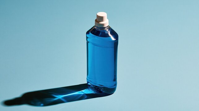 Clear transparent plastic bottle filled with bright vibrant blue liquid mouthwash with white screw cap on solid matching light blue background for personal care