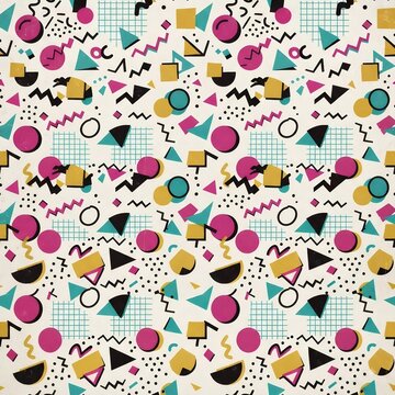 Retro 80s Seamless Pattern with Abstract Geometric Shapes and Pastel Colors