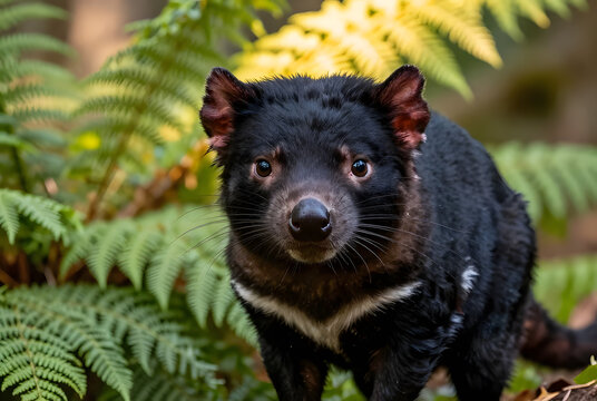 A close-up portrait of a Tasmanian devil standing alert among lush green ferns, intense eyes focused toward the camera, shallow depth of field, intricate whiskers and textured black fur