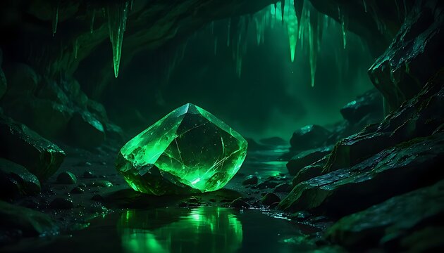 Glowing green crystal in dark underground cave, mystical emerald gemstone on rocky cavern floor, magical mineral in subterranean grotto