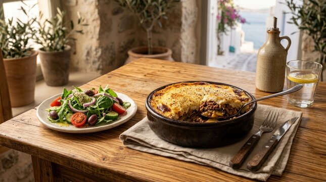 A wooden table with a bowl of moussaka and a side salad on it.