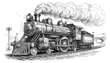 Vintage steam locomotive pioneer train moving on tracks emitting smoke detailed hand drawn line art illustration © MSTOARINA