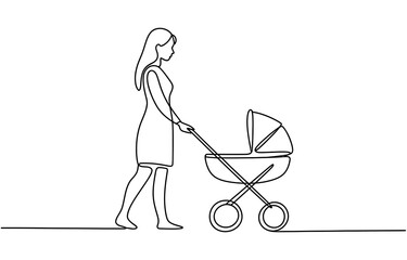 Continuous single line drawing of a mother walking and pushing a baby carriage stroller