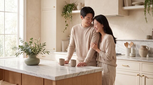 Young Korean couple laughing in a luxurious modern kitchen during morning light.
