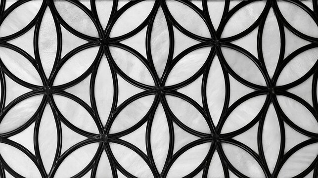 Seamless repeating symmetrical geometric pattern created from overlapping black circular arcs that form interlocking flower shapes on light off white background