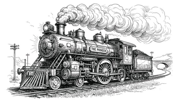 Vintage steam locomotive pioneer train moving on tracks emitting smoke detailed hand drawn line art illustration