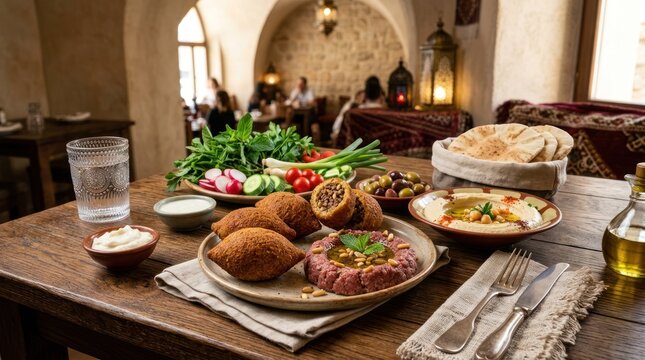 A table set with a variety of Middle Eastern dishes, including falafel, hummus, and vegetables, in a rustic, stone-walled restaurant.