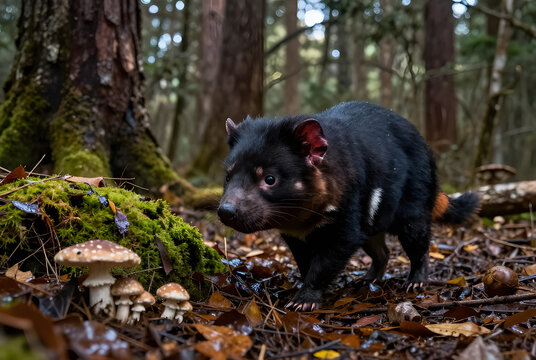 A low-angle view of a Tasmanian devil walking across damp forest ground covered with fallen leaves, mushrooms, and moss, towering trees creating a dramatic backdrop, realistic textures, natural colors
