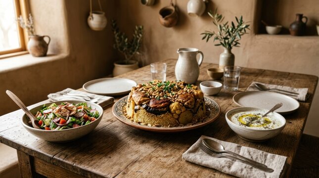 A rustic wooden table with a variety of dishes, including a large plate of food, a bowl of salad, and a pitcher of water. 