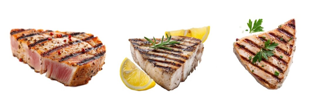 Grilled tuna steaks with lemon wedges set isolated on transparent background