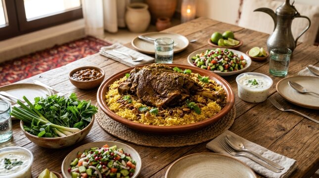 A wooden table set with a traditional Middle Eastern meal, including a roasted lamb shank, rice, and various side dishes.