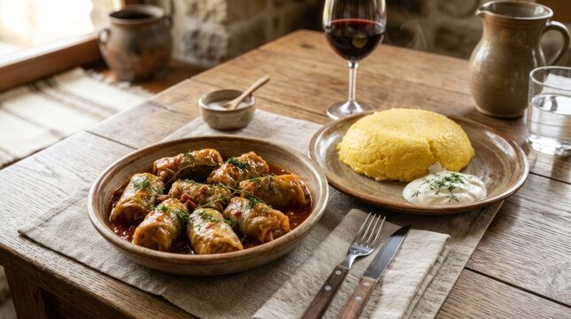 A rustic wooden table with a plate of food, a bowl of soup, and a glass of wine on it.