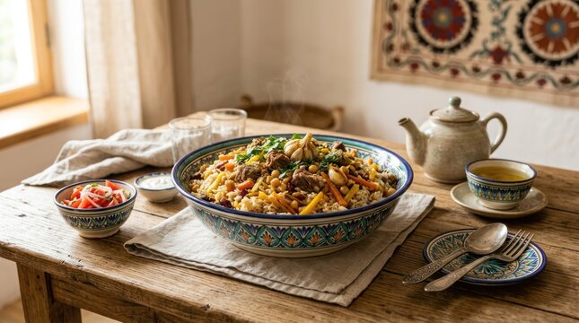 A rustic wooden table with a colorful ceramic bowl containing a traditional Middle Eastern dish, a teapot, and a teacup, set against a backdrop of a traditional rug and a window with natural light.