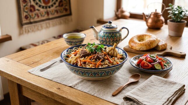 A table with a traditional Uzbek pilaf and a bowl of vegetables on it.