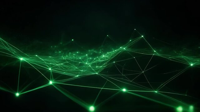 Abstract green digital network with connected glowing nodes on black background