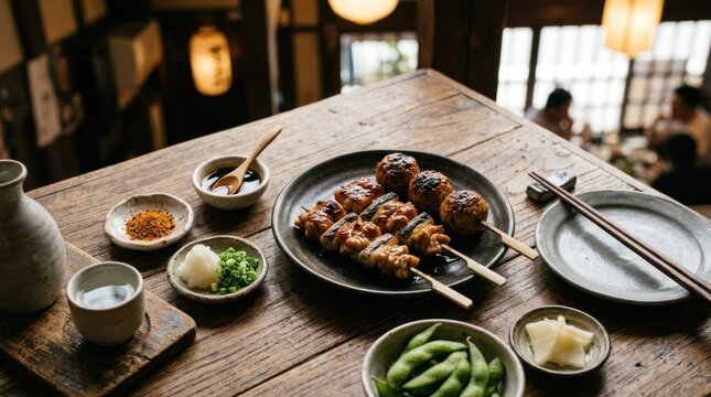 A wooden table with a plate of skewered meat and vegetables, accompanied by various condiments and utensils.