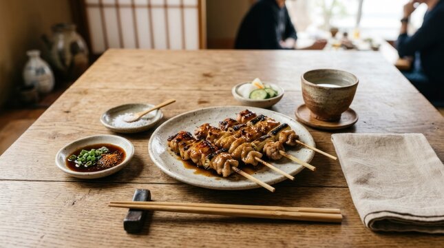 A wooden table with a plate of skewered chicken and various dipping sauces and condiments.