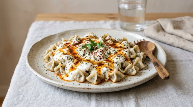 A plate of dumplings with a dollop of yogurt and a sprinkle of parsley on top.