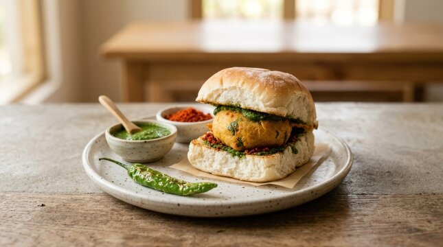A delicious-looking burger with a bun, patty, and vegetables on a rustic wooden table.
