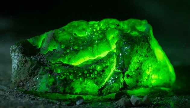 Glowing green radioactive rock in dark cave, luminous emerald crystal mineral, toxic neon uranium ore specimen