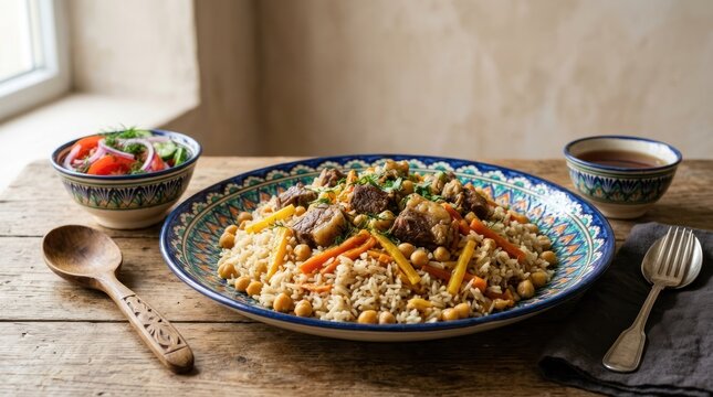 A plate of rice and meat with vegetables on a rustic wooden table.