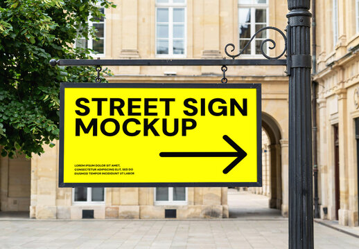 Hanging Street Sign Mockup Template on Vintage Metal Pole
