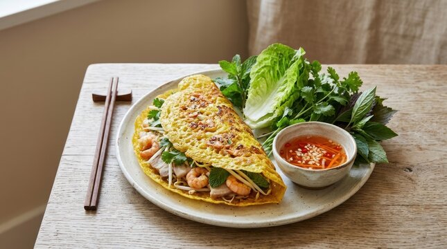 A plate of Vietnamese omelette with vegetables and dipping sauce.
