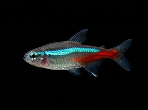 Green Neon Tetra (Paracheirodon simulans) Isolated on Black Background