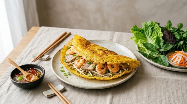 A plate of omelette with shrimp and vegetables on a table with chopsticks and a bowl of dipping sauce.