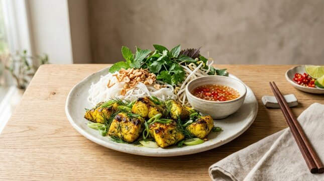 A plate of Vietnamese pho noodle soup with chicken and vegetables on a wooden table.
