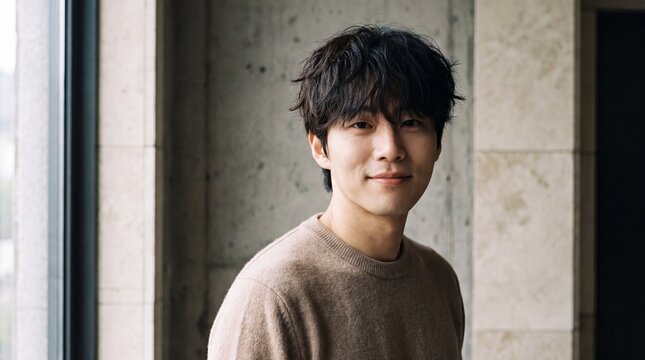 Confident Korean man looking intensely into the camera against minimal stone background.