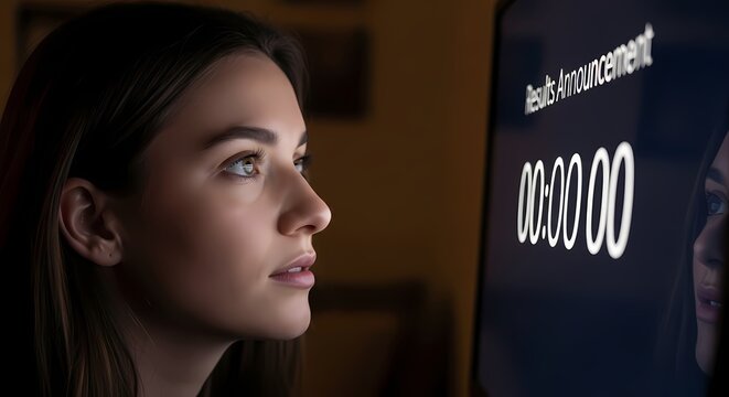 Young woman sitting in front of a computer screen waiting anxiously for test results