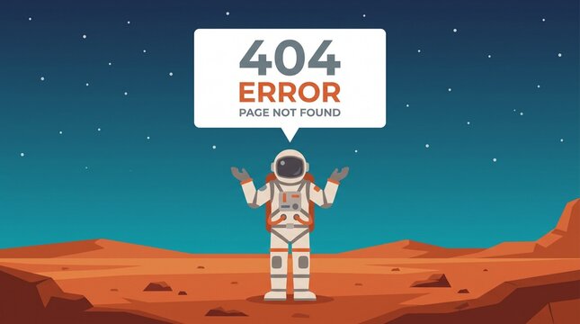 404 Error Page Not Found Vector Illustration Banner with Astronaut on Mars Landscape and Speech Bubble