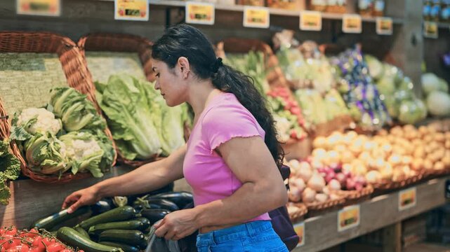  Adult woman buyer choosing fresh zucchini in vegetable shop