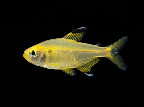 Lemon Tetra (Hyphessobrycon pulchripinnis) Isolated on Black Background