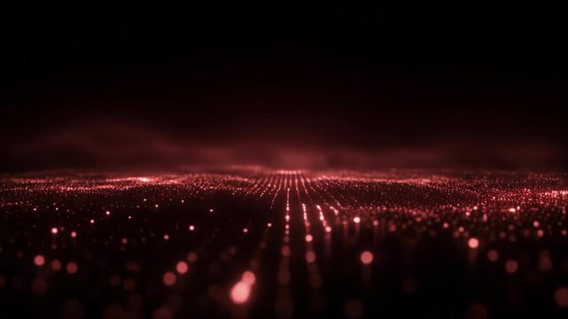 Red glowing particles forming a futuristic digital landscape or waves