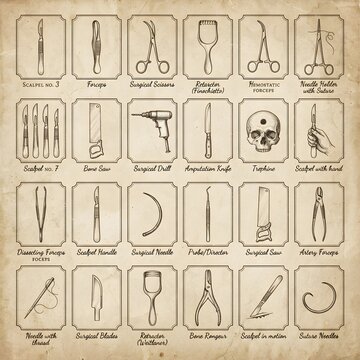 Vintage surgical instrument chart on parchment showing scissors, forceps, scalpels, bone saw, spreading forceps, amputation knife, trephine, probes, hooks, syringes and antique medical tools.