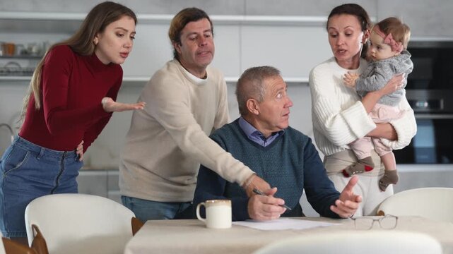 Family members giving advice to old man and discussing inheritance. Family members discussing inheritance. High quality 4k footage
