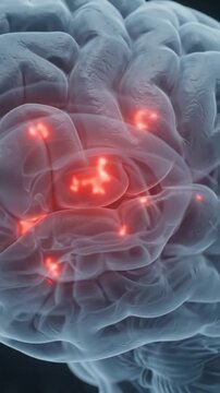 Human brain with a glowing red pinpoint focus on vertical neural inflammation or brain activity, ideal for neuroscience, Alzheimer's research, stroke awareness, and medical stock video assets.