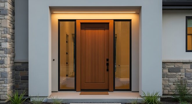Modern wooden front door with glowing lights and stone facade details