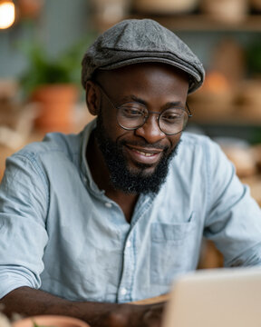 Warm light glows behind a smiling man. He wears glasses and a flat cap, focused on his screen. His beard and casual shirt suggest comfort and ease. He looks content, perhaps working or relaxing